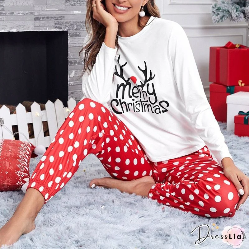 Christmas Letter Print Long Sleeve Top & Striped Pants Set