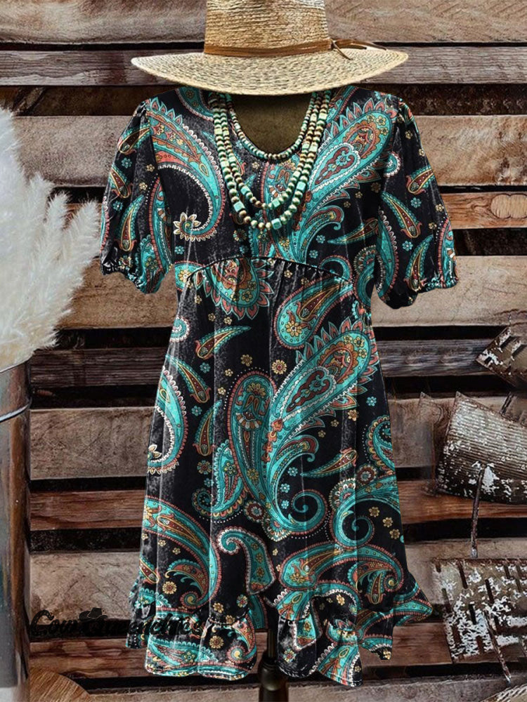 Women’s Vintage Western Art Print Pocket Cotton Dress Multicolor / S