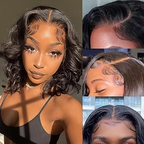 4x4 Glueless Lace Front Wigs Human Hair Pre Plucked Short Bob Body Wave Lace Closure Wigs