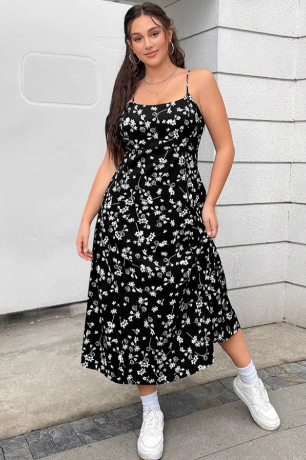 Plus Size Vacation Black Ditsy Floral Print Cami Cottagecore Midi Dress 2024 - Flycurvy 