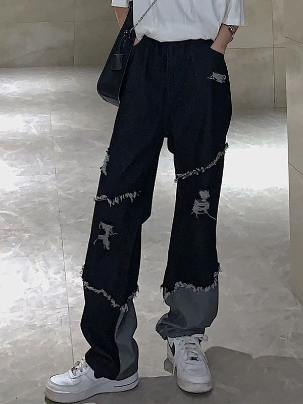 Dark Hip-pop Style Color Block Paneled Washed Loose Jeans