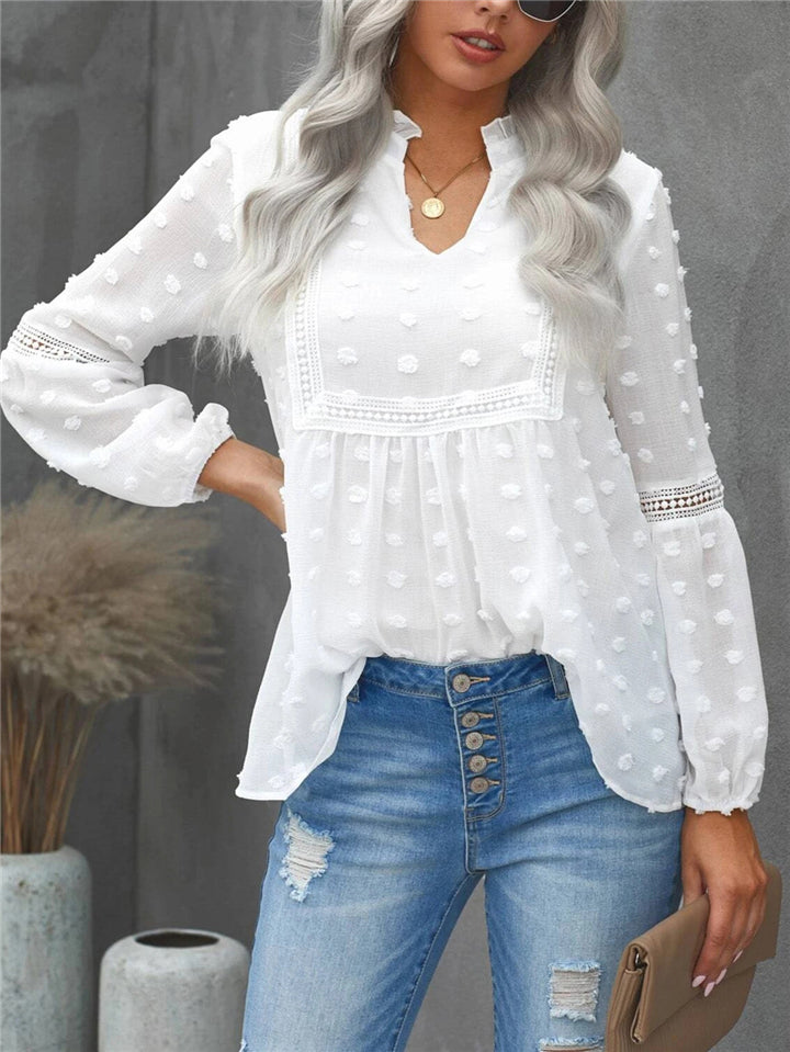  thdmladies Notched Neck Lace Swiss Dot Long Sleeve Elastic Cuff Chiffon Blouse thedmladies