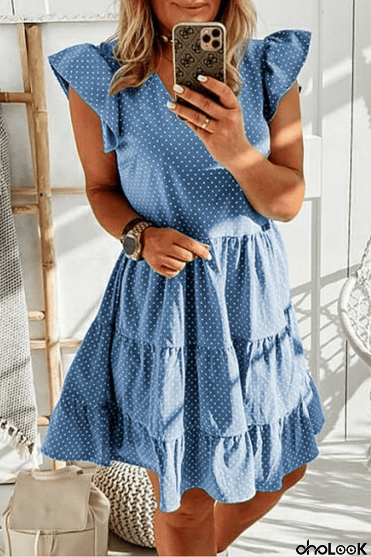 Casual Dot Flounce V Neck Cake Skirt Dresses