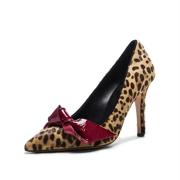 Leopard Suede Stiletto Heels with Bow - Pointy Toe Pumps Vdcoo