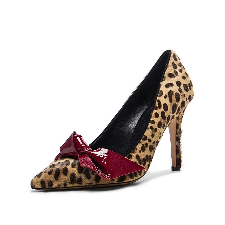 Leopard Print Heels Pointy Toe Suede Stiletto Heels Pumps with Bow |FSJ Shoes