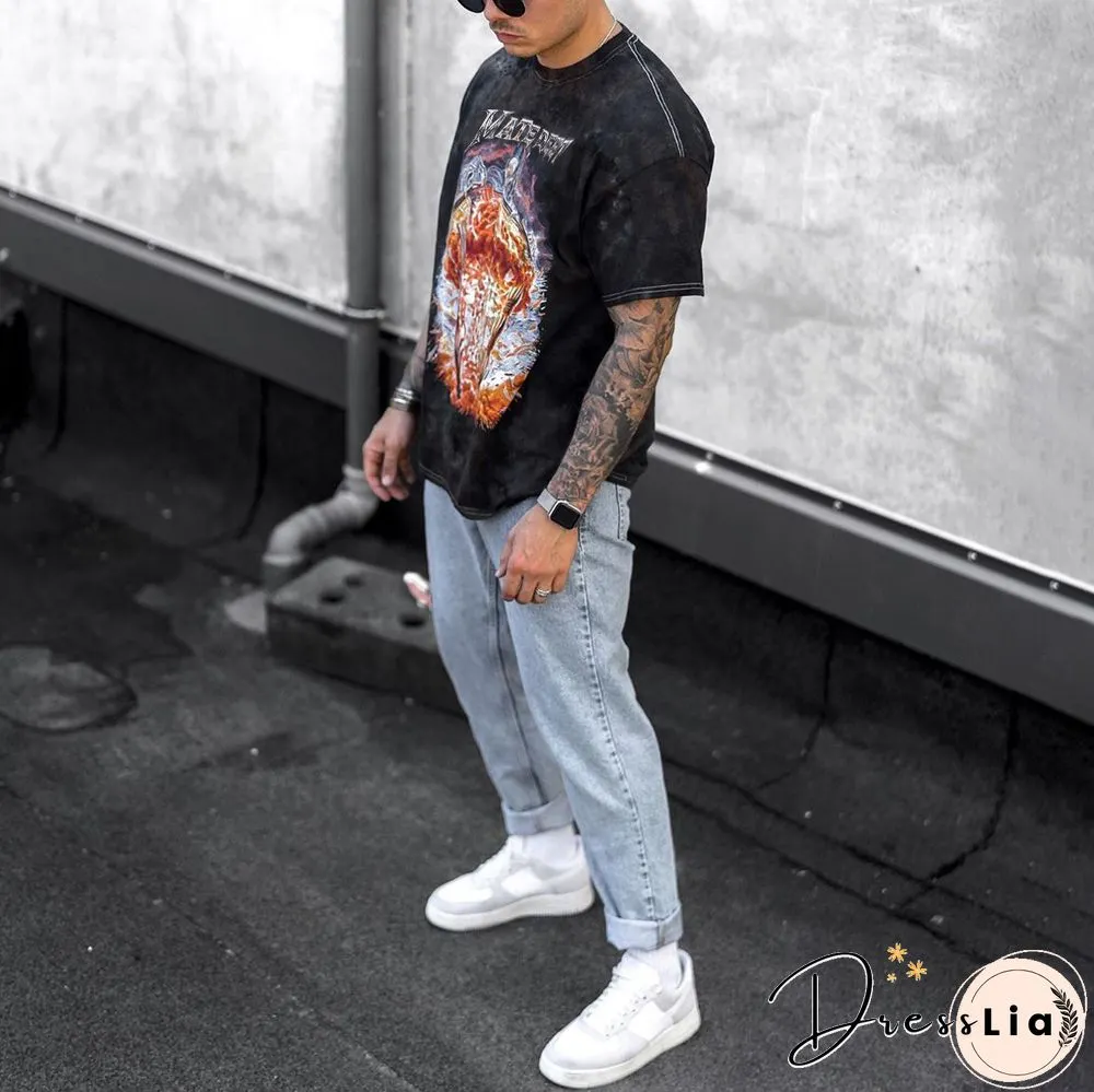 Mens Vintage Round Neck Printed Short-Sleeved T-Shirts
