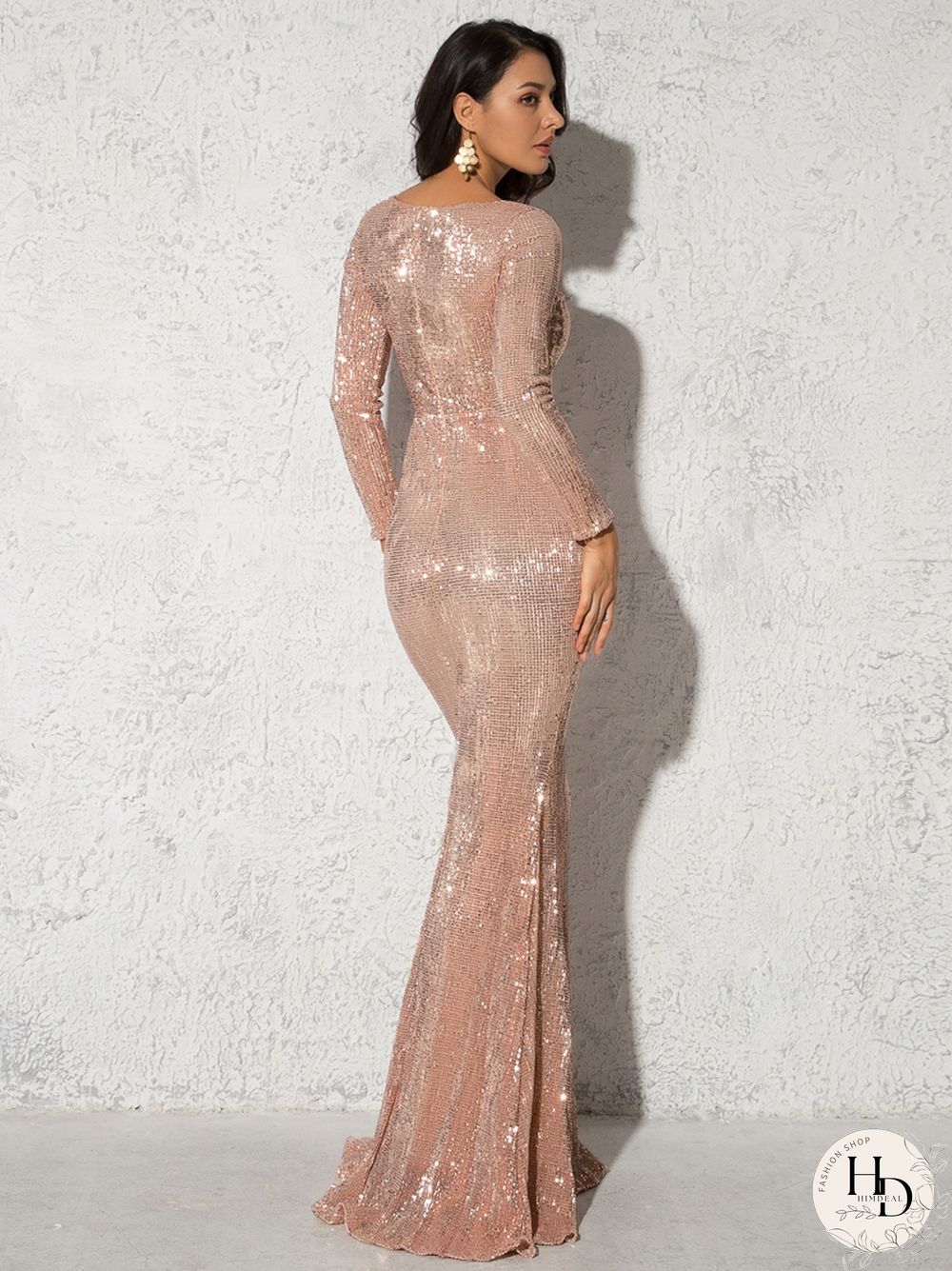 Elegant neck long sleeve sequin maxi dress floor length stretchy bodycon party gold green