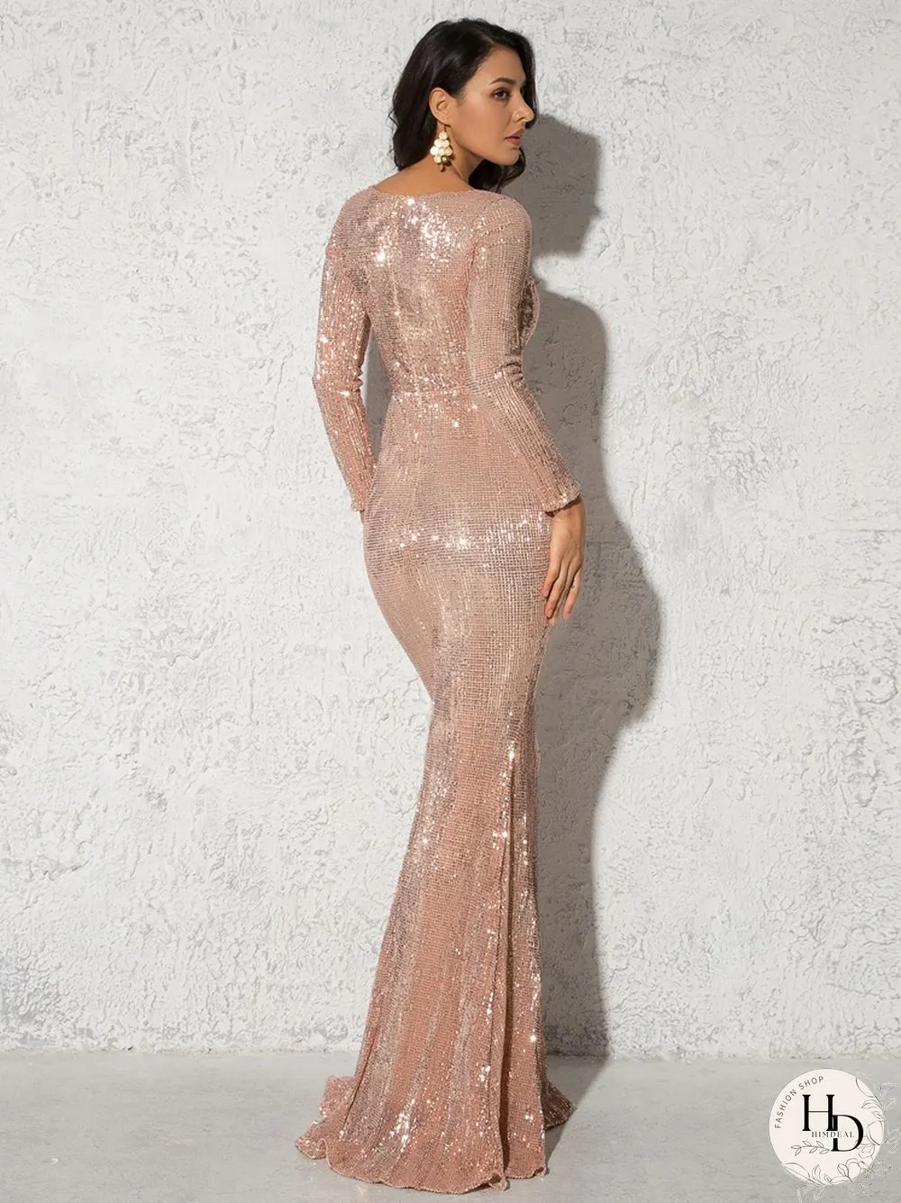 Elegant neck long sleeve sequin maxi dress floor length stretchy bodycon party gold green