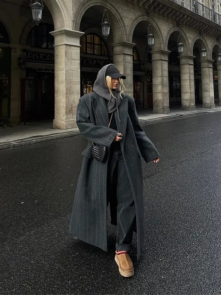 Fashion Dark Grey Stripe Lapel Double Breasted Overcoats