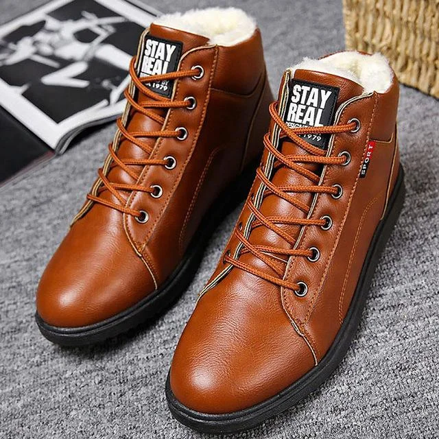 Men's Winter Boots Waterproof Short Plush Solid Fashion Ankle Boots Round Toe Wear-Resistant Male Boot