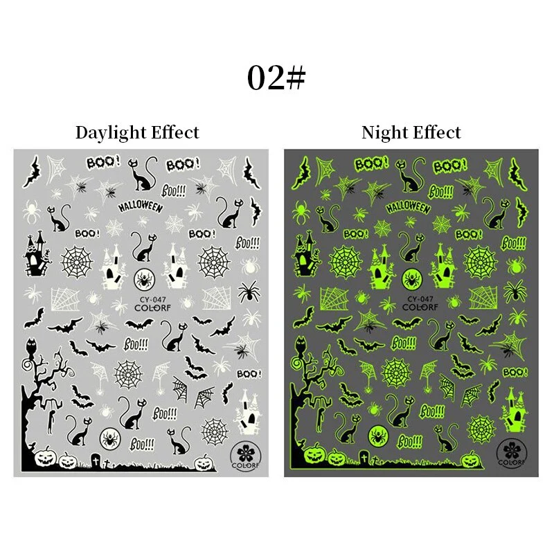 3D Luminous Nail Stickers Halloween Pumpkin Spider Star Moon Transfer Sliders  Winter Glow In The Dark Nail Art Decoration-Nail Inspo