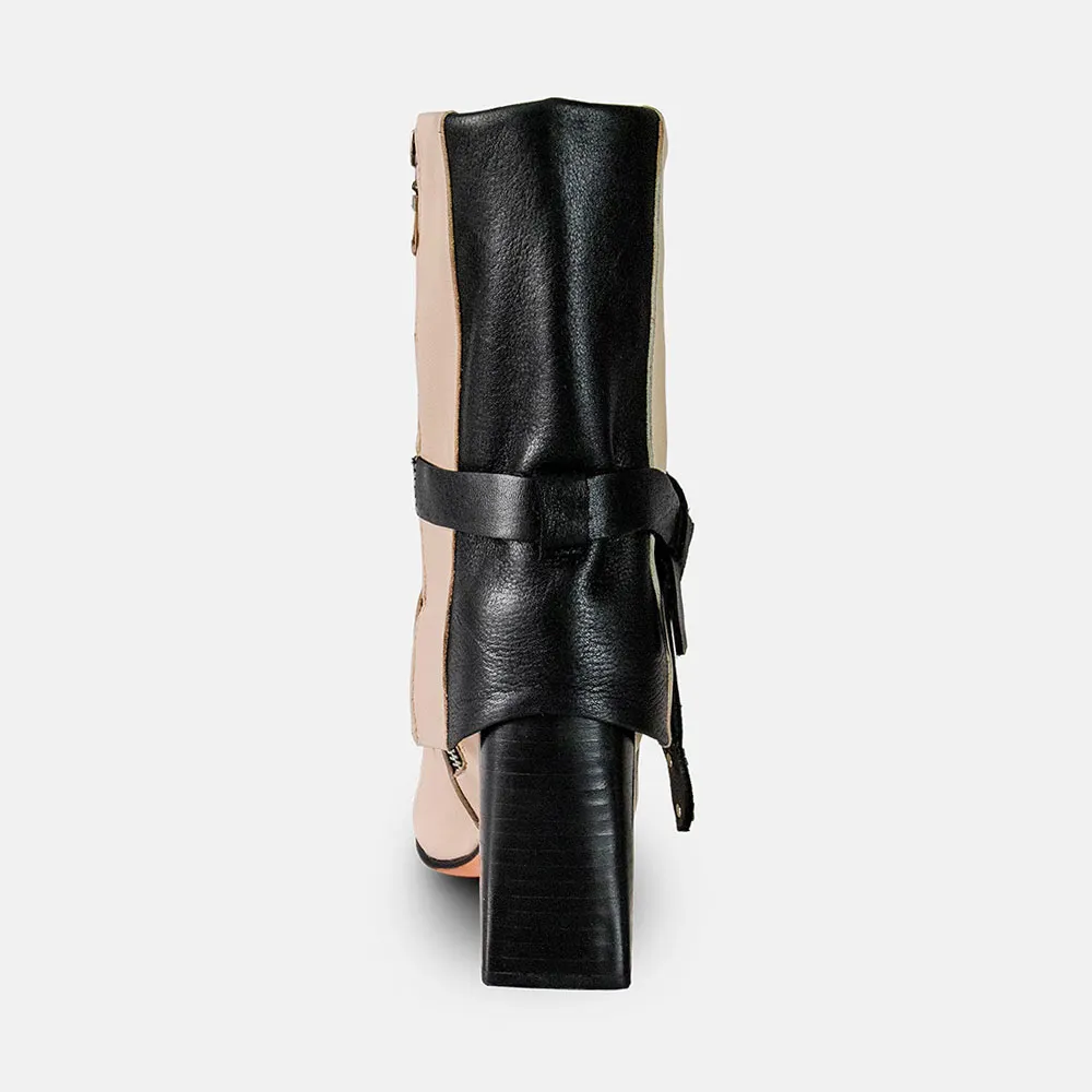 Chic Beige & Black Square Toe Chunky Heel Boots for Women with Zipper