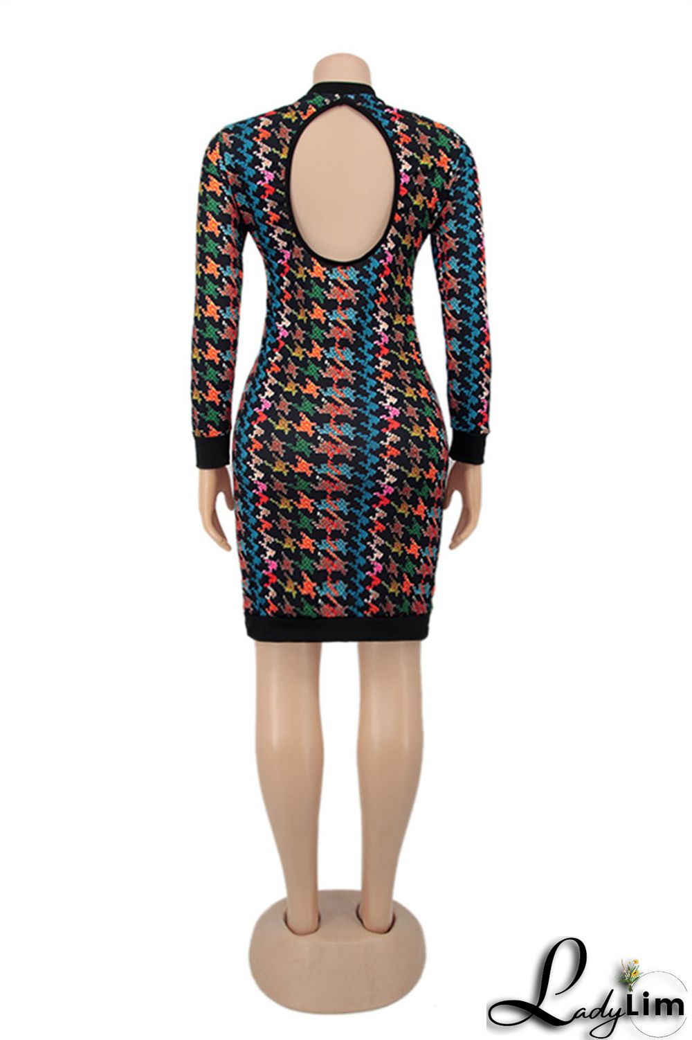 Colour Fashion Casual Print Patchwork Backless O Neck Long Sleeve Plus Size Dresses