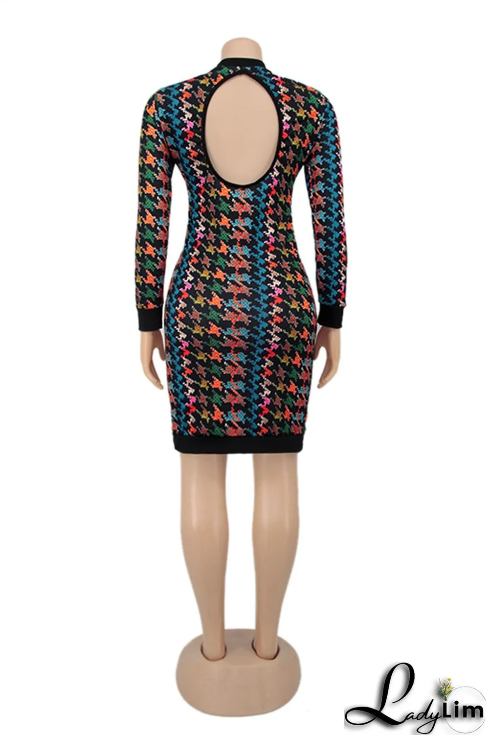Colour Fashion Casual Print Patchwork Backless O Neck Long Sleeve Plus Size Dresses