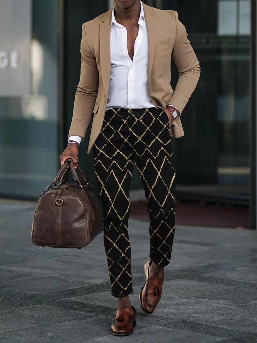 Casual Black Background with Print Men's Suit Pants