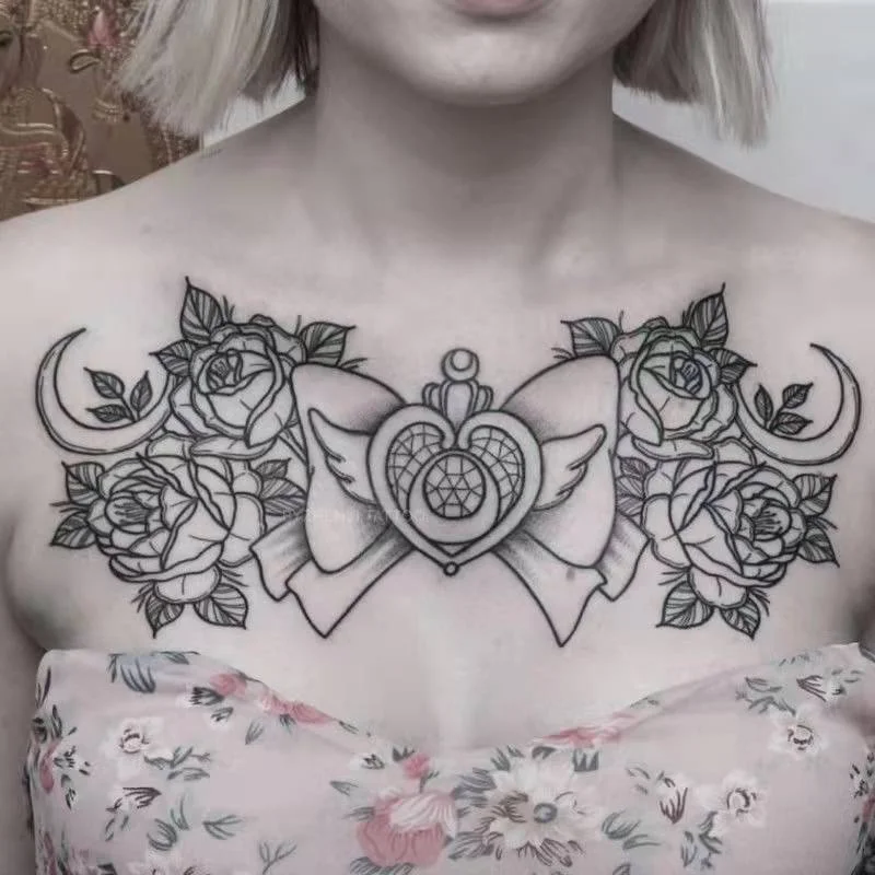 Dark Flower Temporary Tattoo Female Waterproof Sexy Gothic Clavicle Water Transfer Art Fake Tattoos Arm Chest Tattoo Stickers