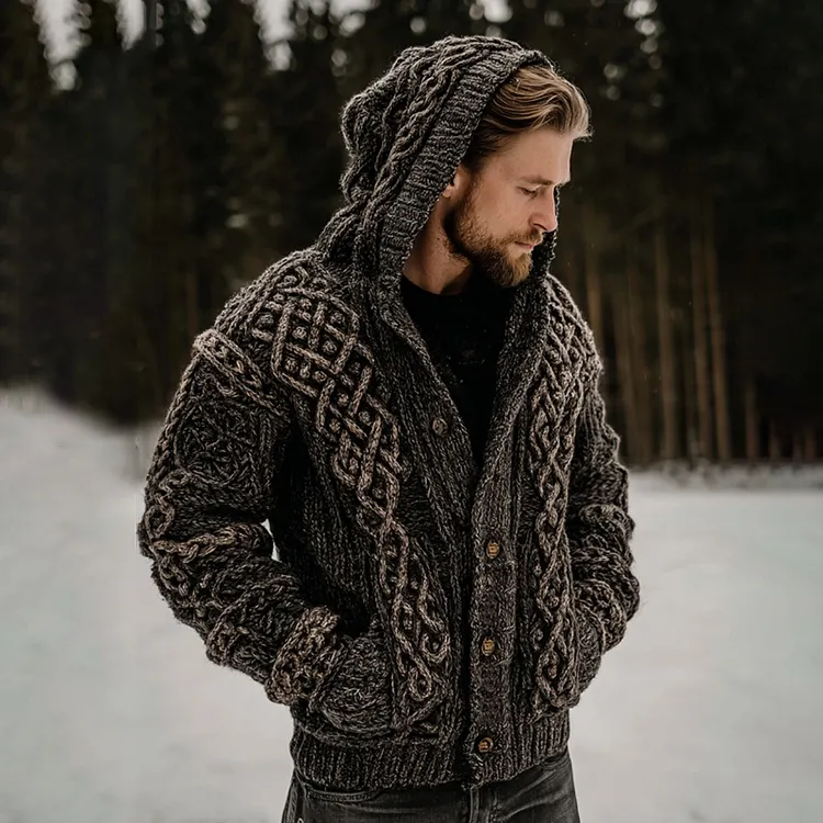 Men's Viking Celtic Pattern Art Knitted Warm Hooded Sweater