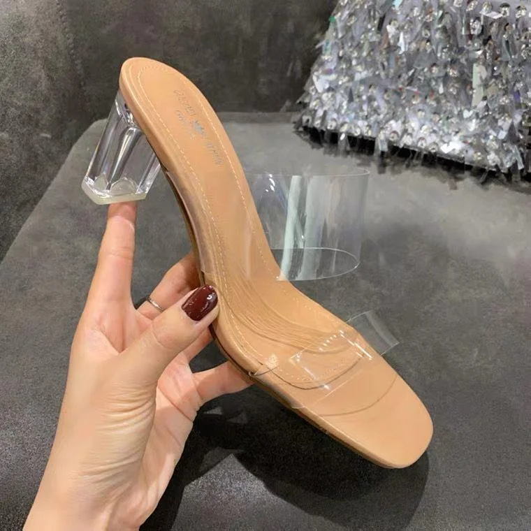 Crystal high heels with thick heel sandals and slippers