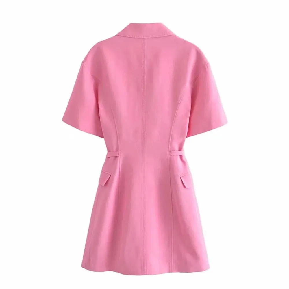 Back to school  2022 New Summer Women Pink Notched Dress Female Casual  Dress Vintage Belt Covered Button Short Sleeve Mini Dresses