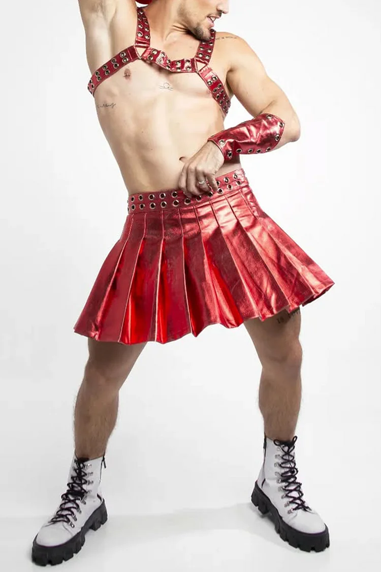 Men's Metallic Chest Harness Pleated Skirt Wrist Cuff Red Three Piece Set [Pre-Order]
