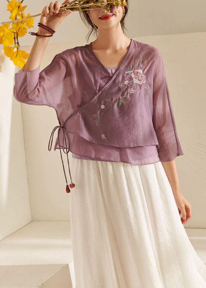 VCSHOES Purple Tie Waist Embroideried Summer Top