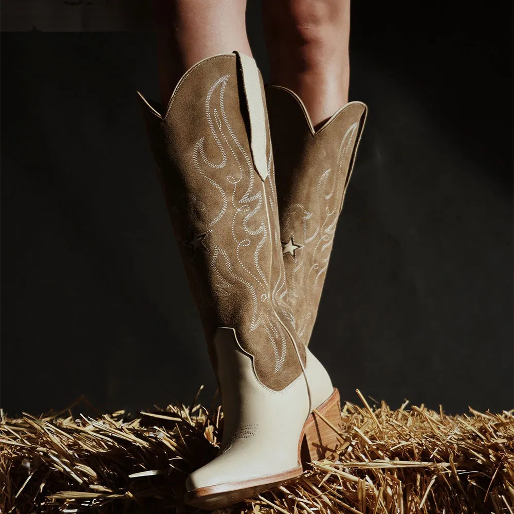 Taupe Block Heel Embroidered Knee High Snip Toe Cowboy Boots for Women