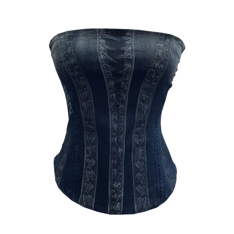 Churchf Vintage Denim Print Strap-On Corset Tsets Tsets Tsets Tsets Sleeveless Short Tops