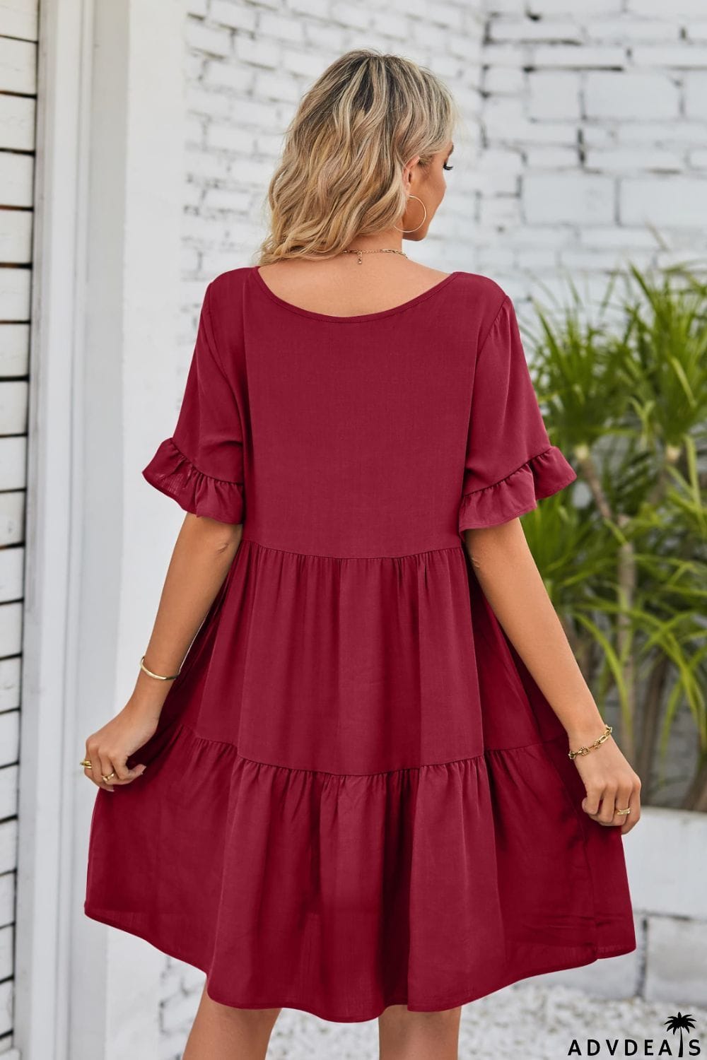 V-Neck Flounce Sleeve Tiered Dress