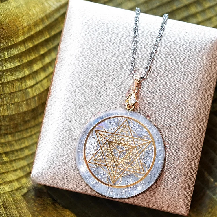 Olivenorma Clear Crystal Metatron's Cube Symbol Orgone Necklace