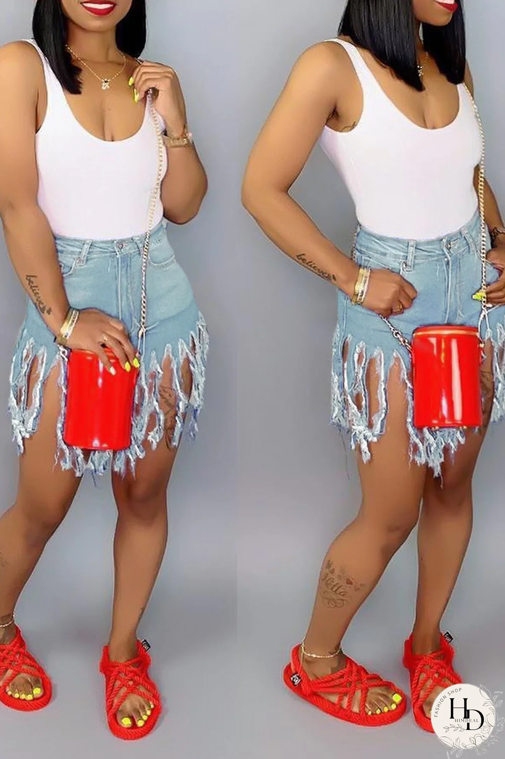 Blue Denim Button Fly Zipper Fly Mid Solid Patchwork Tassel Straight shorts