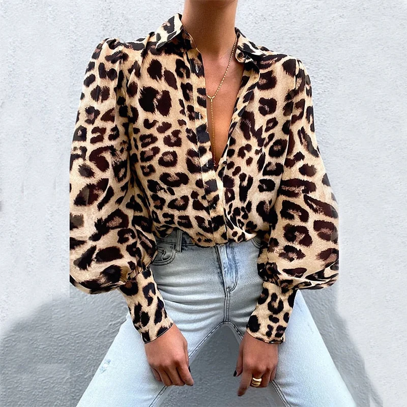 2021 Autumn Puff Sleeve Shirts Blouse Women Floral/Leopard Long Sleeve Lapel Buttons Vintage Shirts Elegant Blouses Tops Female