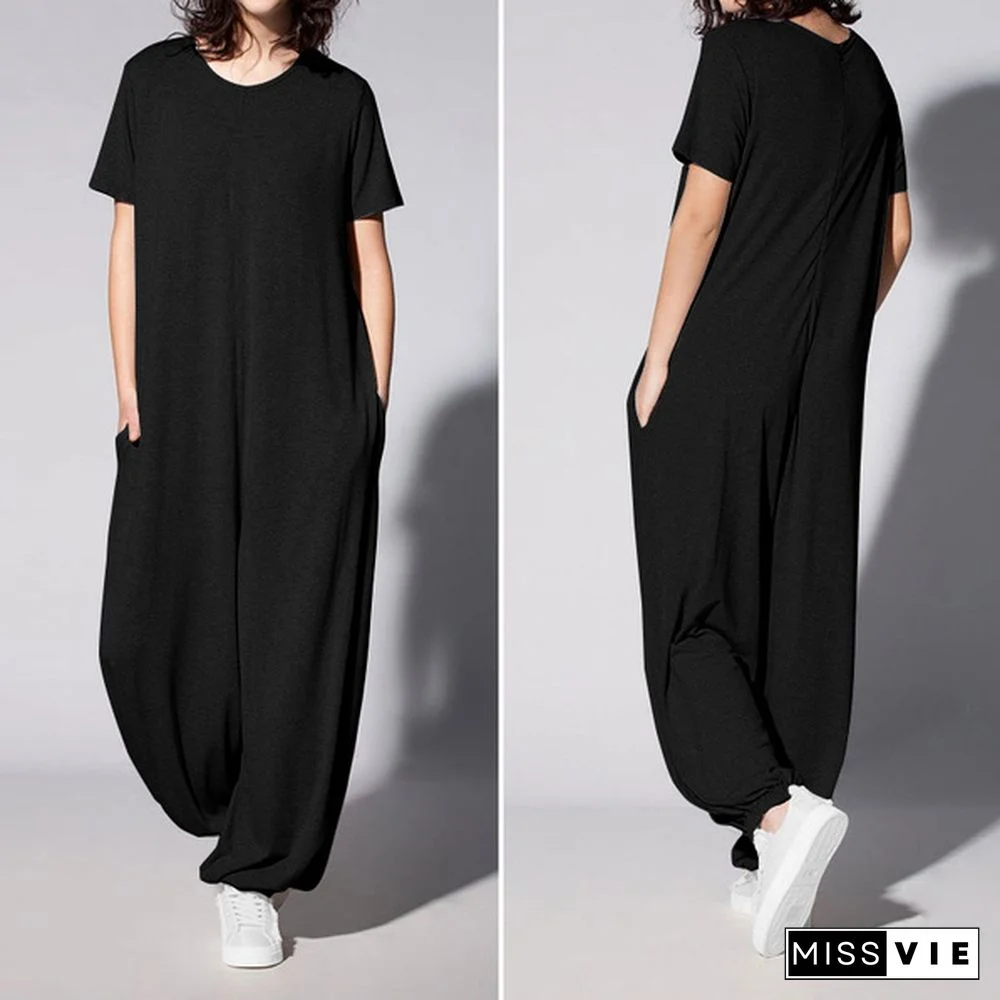 Women Short Sleeve Solid Jumpsuit Casual Loose Baggy Oversized Culottes Playsuit