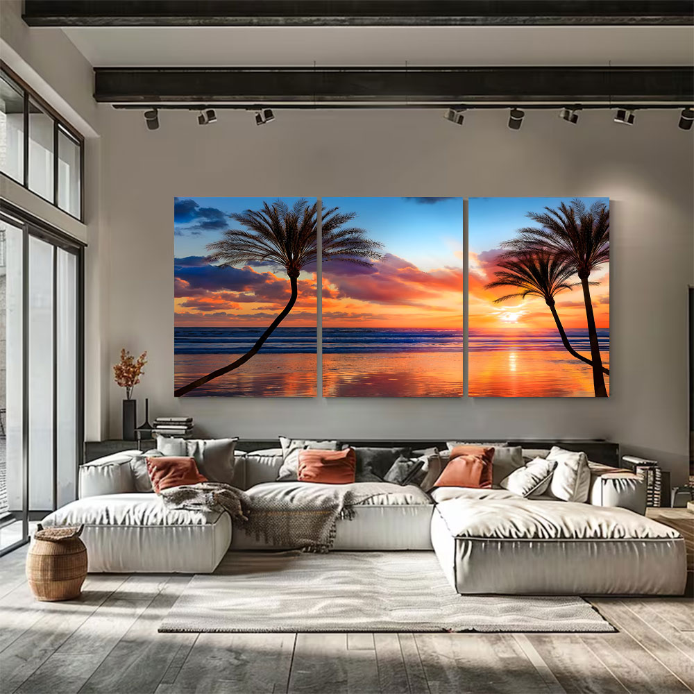3-Piece Set Palm Tree Silhouette at Sunset Canvas Art