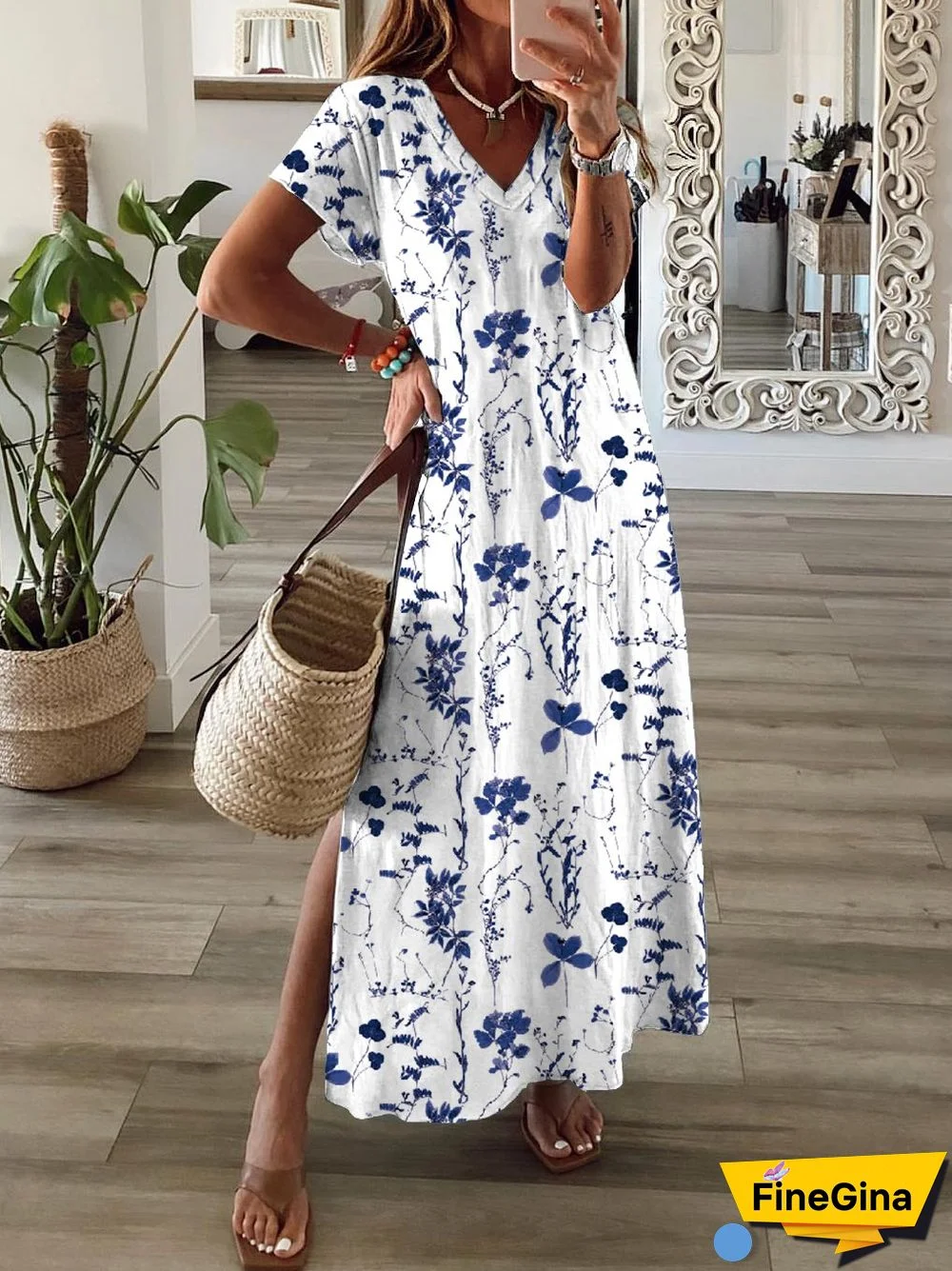Floral V Neck Short Sleeve Plus Size Casual Dress