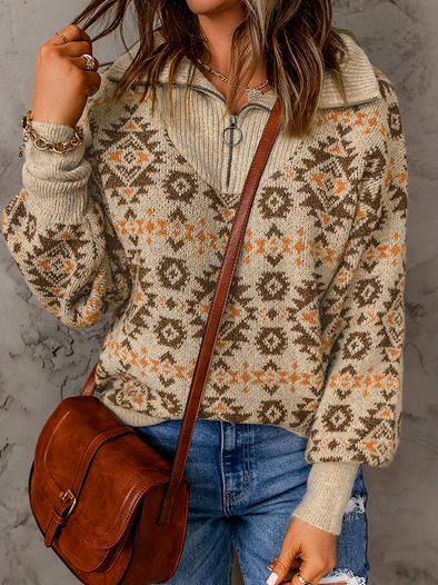 Women Casual Ethnic Winter Zipper Micro-Elasticity Daily Loose Shawl Collar Regular Sweater