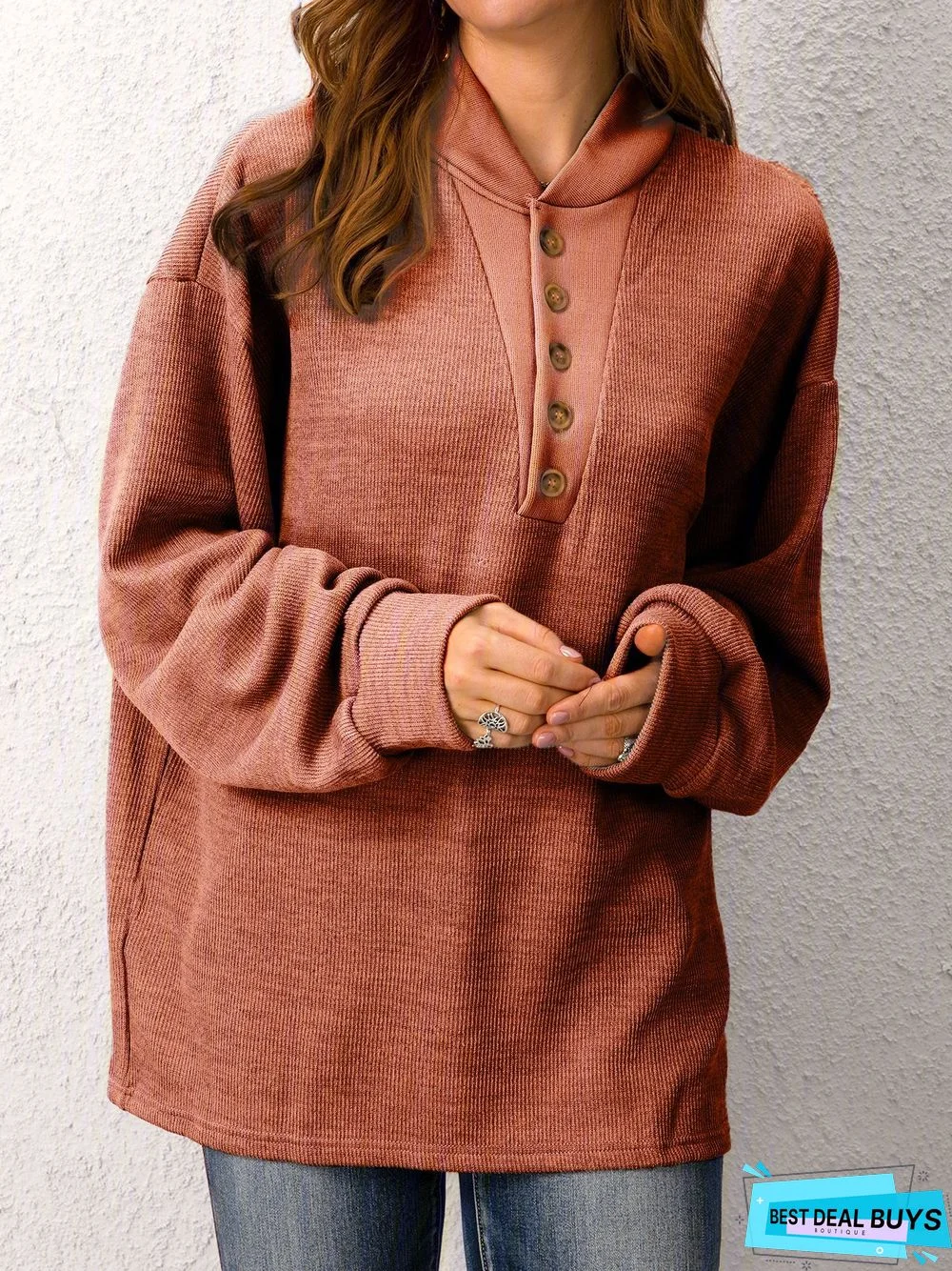 Plain Buttoned Long Sleeve Casual Tunic Top