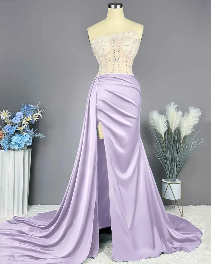 Daisda Chic Beading Mermaid Split Strapless Prom Gown Dress