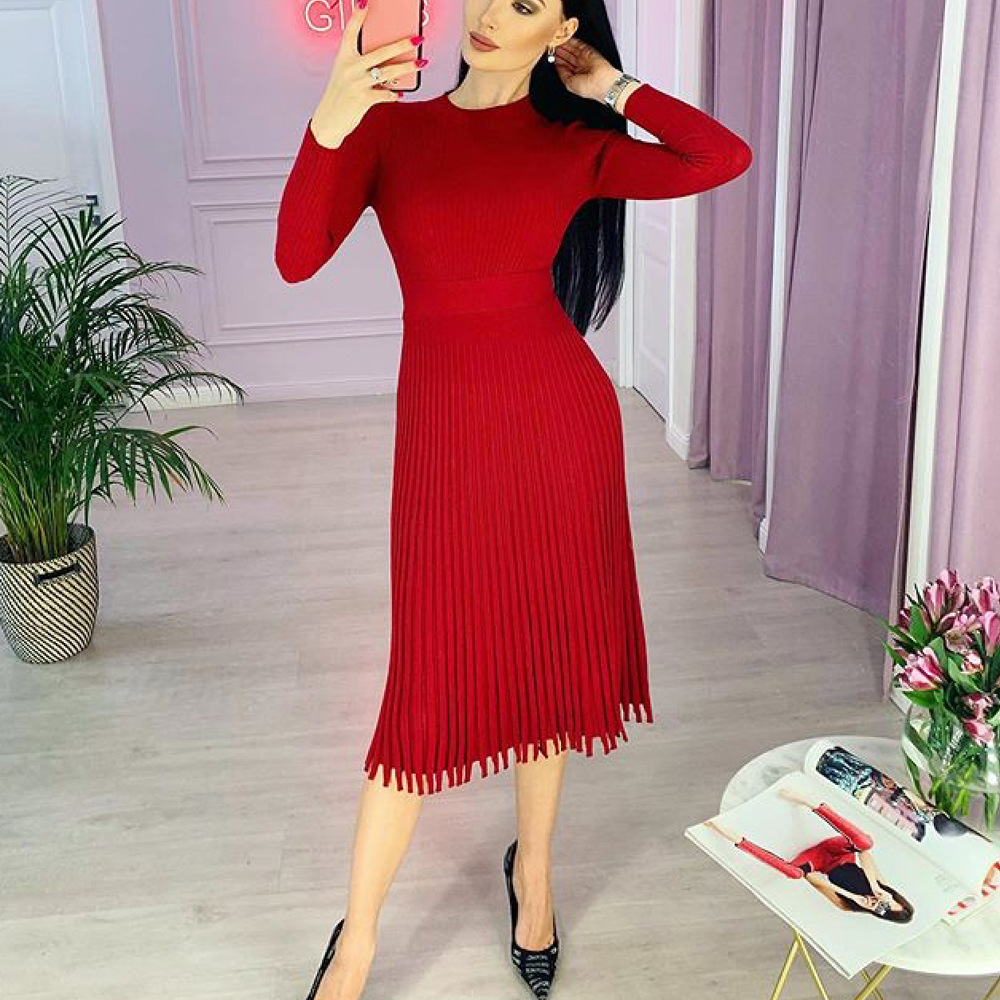 Ootddress Ribbed Pleated Knit Dress Women Loose Fashion Patchwork Long Sleeve Dress High Waist Knitwear Female Autumn Maxi Dress New