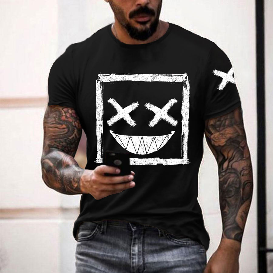 Men's Casual Smile T-shirt, Street-style Graphic Round Neck Tee