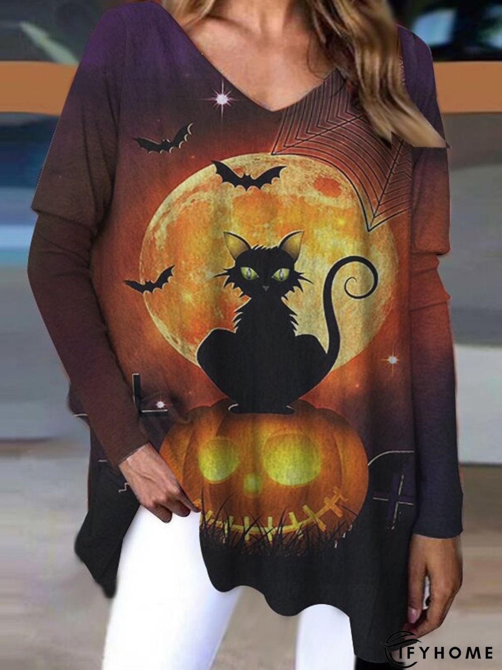 Halloween Brown Printed Casual Holiday Party Outdoor Loosen Top | IFYHOME