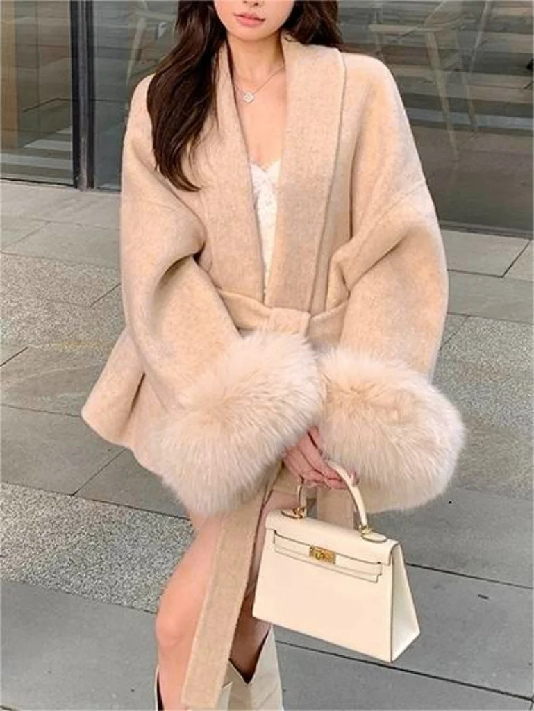 Brownm solid color faux fur coat with belt
