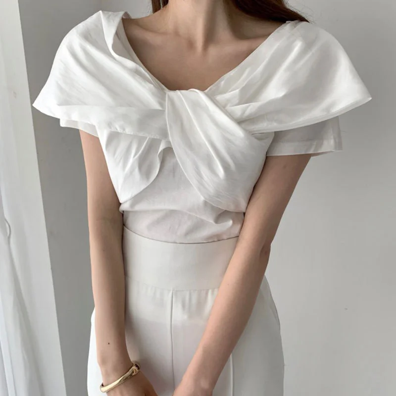 Churchf Churchf Chic Summer Simple Elegant V Neck Kink Design Sense Pure Color Slim Thin Fly Sleeve T-Shirt Jacket Women