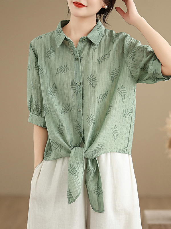 Leaf Print Short Sleeve Lace Up Hem Loose Shirt