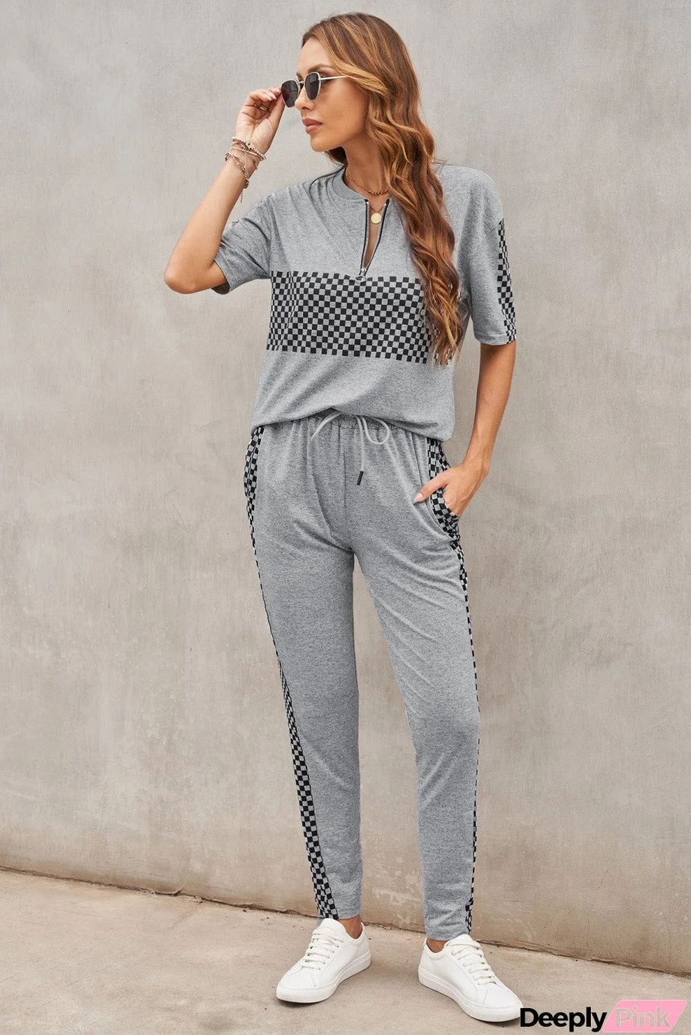 Plaid Splicing Short Sleeve Top and Elastic Waist Pants Set