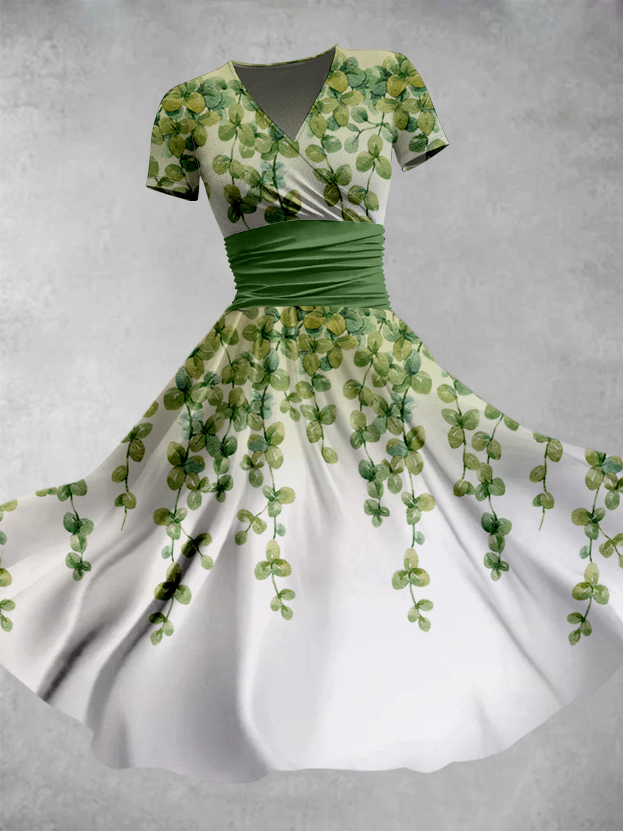 Green Plant Print V-Neck Short Sleeve Retro Midi Dress