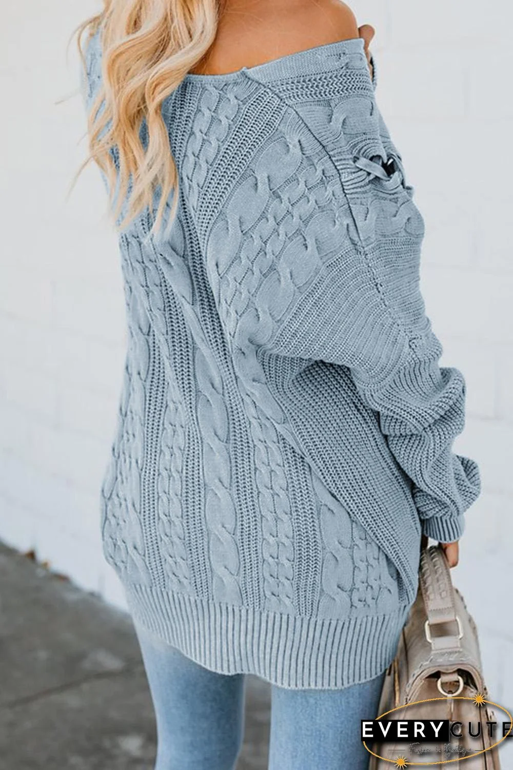 Sky Blue Love Letters Cable Knit Lace Up Sweater