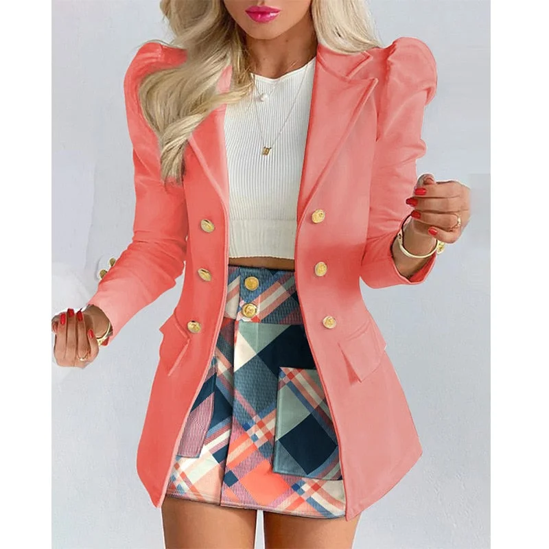 Graduation Gifts  Women Casual Suit Printed Double-breasted Small Suit High-waisted Skirt Two-piece Female Office Jacket & Skirts 2022 Spring New