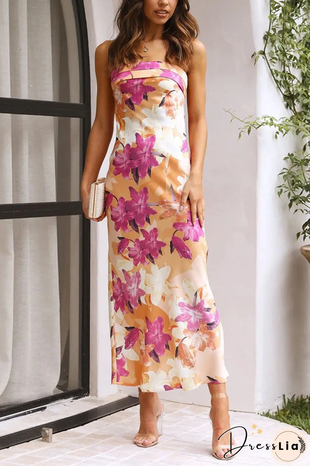 Floral Strapless Backless Midi Dress