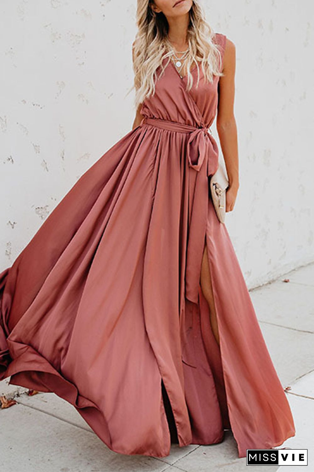 Casual Bohemian Solid High Opening With Belt V Neck Dresses