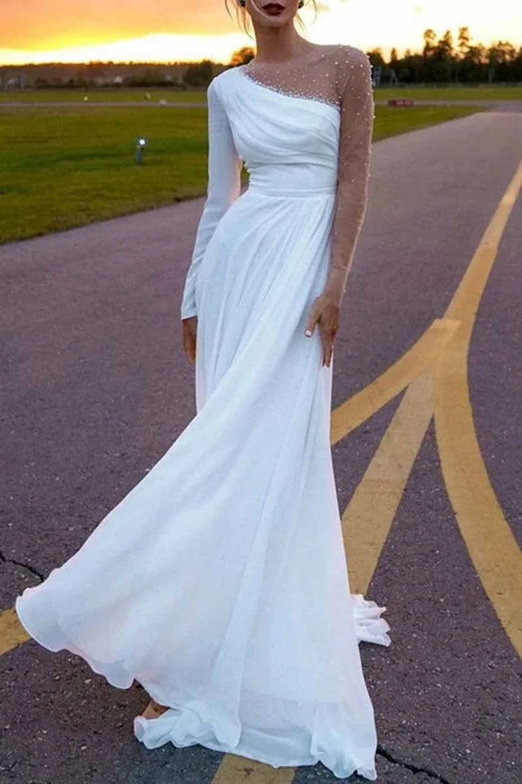 White Elegant Solid Patchwork O Neck Evening Dress Dresses